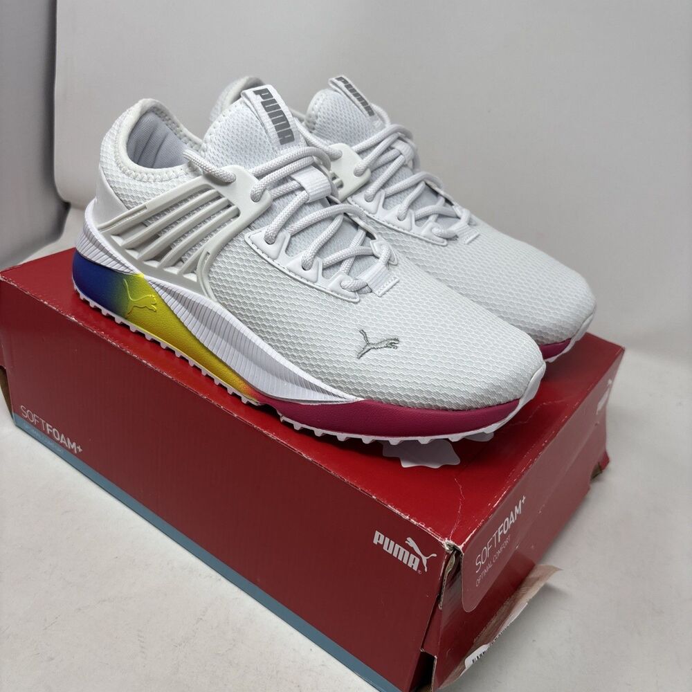 ⁠Puma Pacer Future Fluo Womens Size 10 White Rainbow Gradient Sneakers 389130